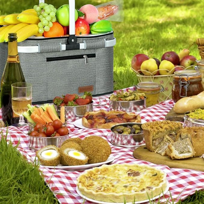 Foldable Picnic Basket with Insulated Cooler